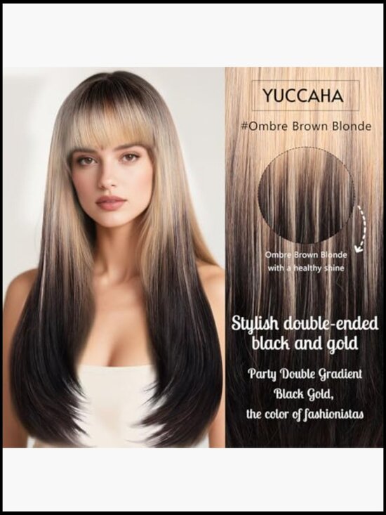 26 Inch Long Straight Wig with Bangs Heat Resistant Synthetic Hair for Party main image 2